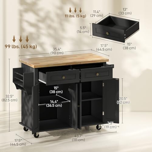 HOMCOM Kitchen Island on Wheels, Rolling Cart with Rubberwood Top, Spice Rack, Towel Rack and Drawers for Dining Room, Navy Blue