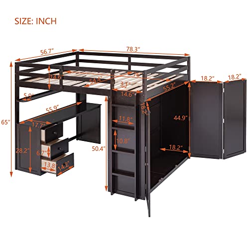Harper & Bright Designs Full Size Loft Bed with Desk and Wardrobe, Solid Wood Loft Bed Frame with Storage Drawers, for Kids Teens Adults (White)
