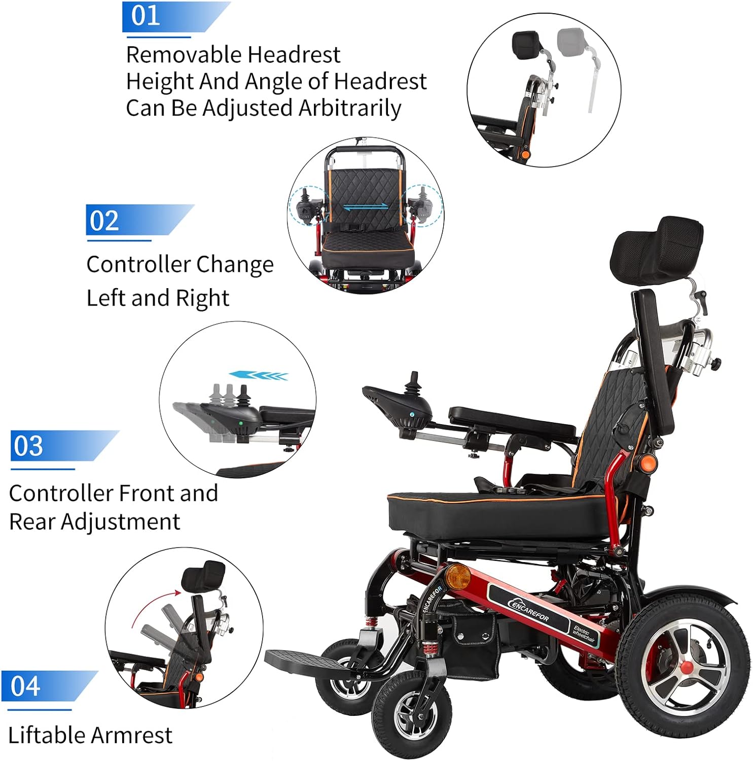 ENCAREFOR 600W Remote Control Electric Wheelchair, Reclining Portable Folding Power Wheelchair,Aluminum Alloy Lithium Battery Powerful Wheelchair