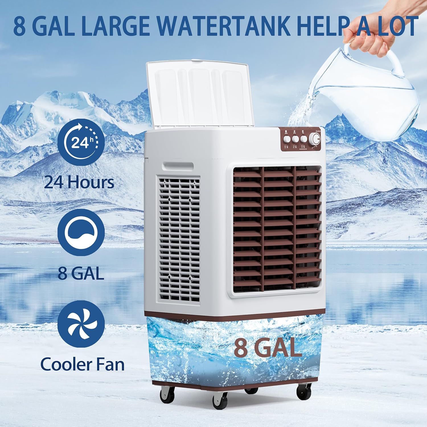 Evaporative Cooler, 3500CFM Evaporative Air Cooler with 8 Gal Large Tank, 130°Oscillation Swamp Cooler Air Conditioner with Push Button, 2 Ice Packs