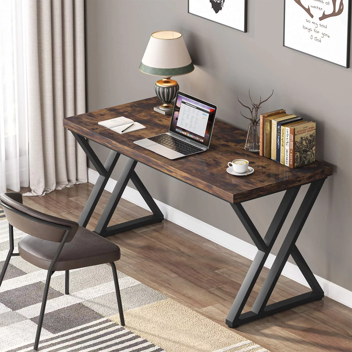 Tribesigns Z Shaped Writing Computer Desk Rustic Brown Study Working Table for Home Office