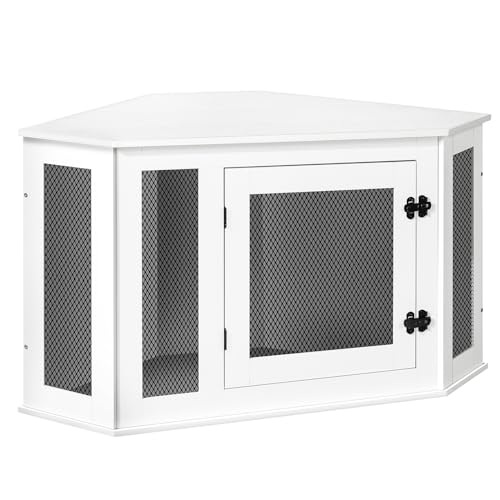 Corner Dog Crate Furniture, Wooden Dog Kennel End Table, Decorative Pet Crate Indoor Use, Furniture Style Dog House for Small Medium Dog