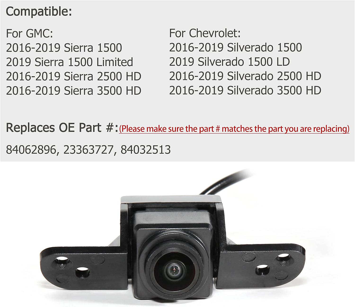 EWAY Backup Camera Replacement for 2016 2017 2018 2019 GMC Sierra/Chevrolet Silverado 1500/2500/3500 Rear View Reverse Parking Camera OE Part #
