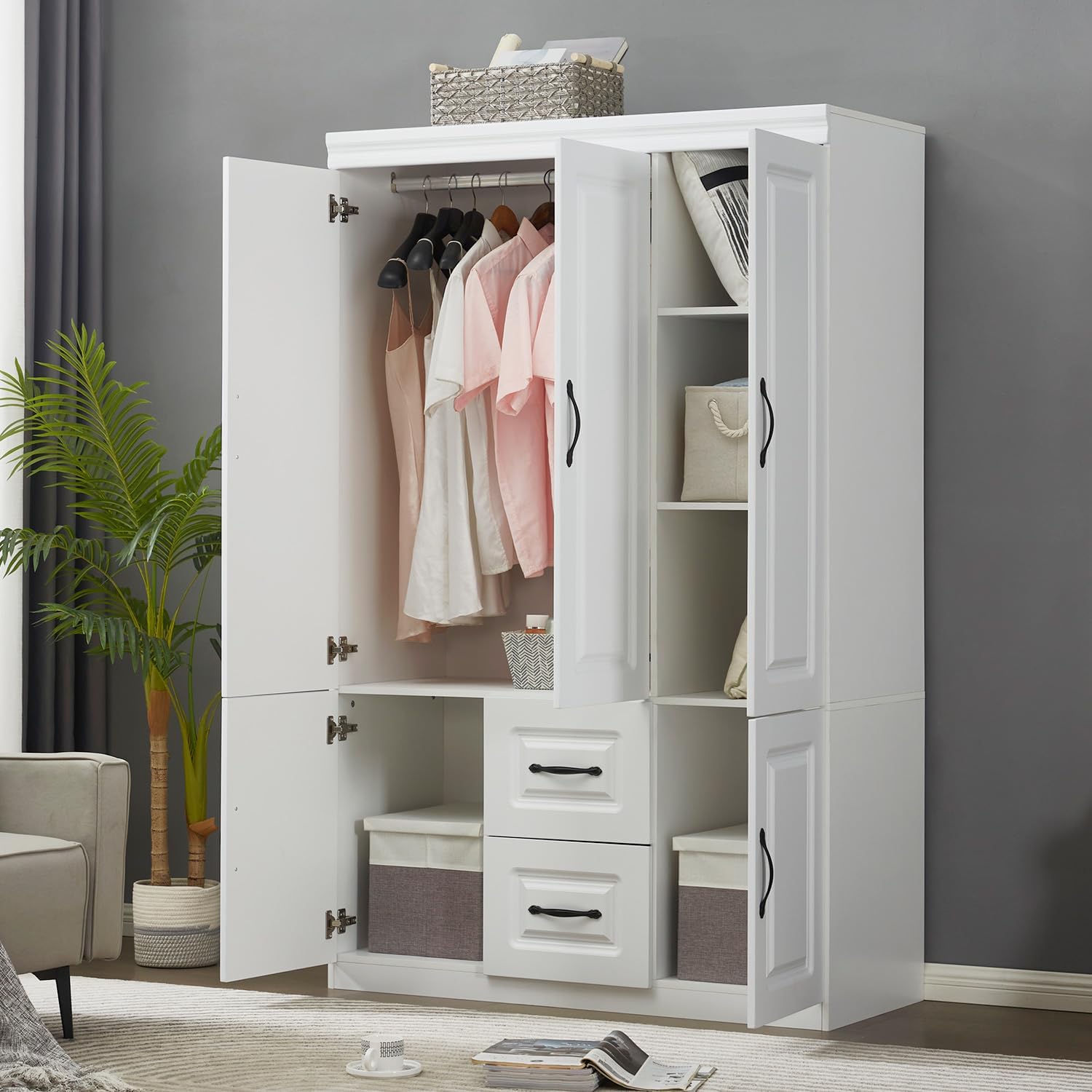 Wardrobe Armoire Storage Cabinet Wood, 3 Door 2 Drawers White Closet Wardrobe for High Storage Capacity