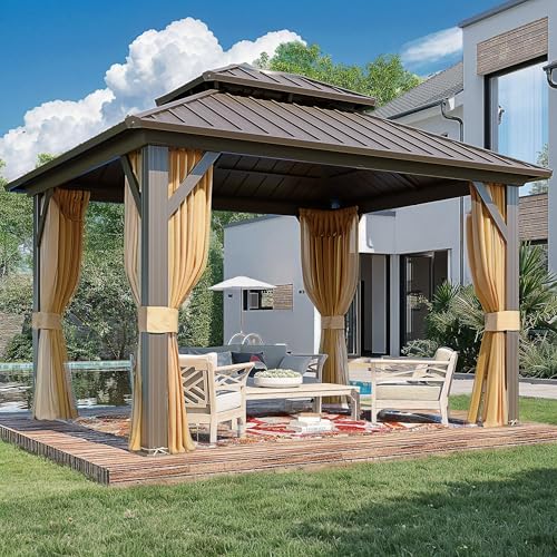 MELLCOM 10'x13' Hardtop Gazebo with Polycarbonate Double Roof, Aluminum Frame Outdoor Gazebo Permanent Pavilion with Curtains and Netting for Patio