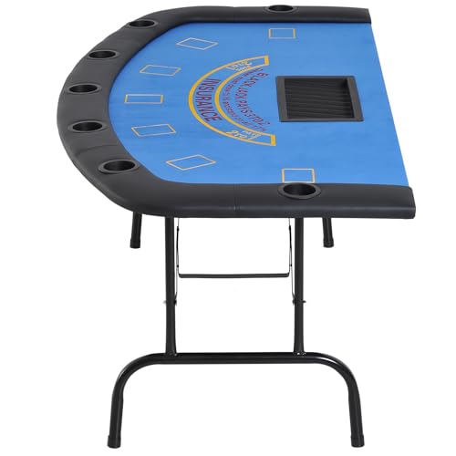 Soozier Poker Table Foldable, 72" Blackjack Table for 7 Players with Chip & Cup Holder, Blue Felt