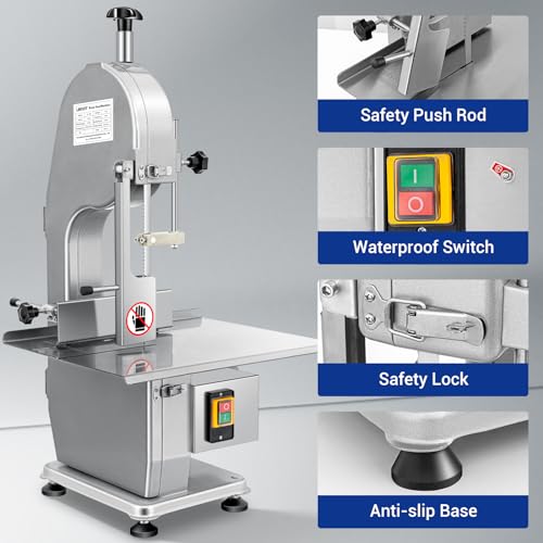 Commercial Electric Meat Saw, 750W Bone Saw For Butchering,110V Meat Bandsaw, Bone Cutting Machine with 2 Saw Blades,0.39-4.3 Cutting Thickness
