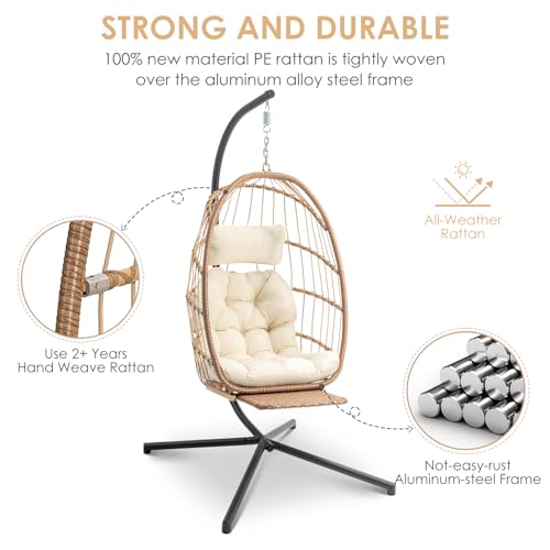Brafab Hanging Egg Chair with Stand and Footrest, Wicker Egg Swing Chair Indoor Outdoor Aluminum-Steel Frame and UV Resistant Cushion