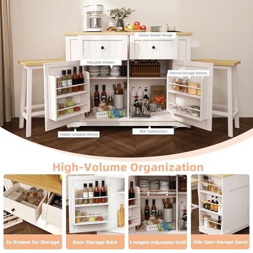 Kitchen Island with Drop Leaf & Power Outlet, Rolling Kitchen Islands Cart with 5 Open Storage Shelves & Towel Rack