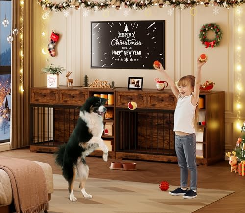 IDEALHOUSE 47” Large Dog Crate, Dog Kennel Indoor with 2 Drawers and 4 Shelves, Dog Crate Furniture TV Stand, Wooden Dog Cage for Medium Large Dogs