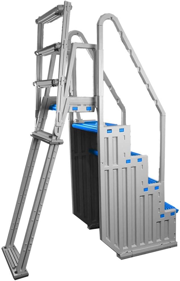 Confer Plastics Above Ground Swimming InPool Step & Ladder | Heavy Duty | White Frame with Blue & Gray Steps | Deck Height Up to 60 Inches | Enter &