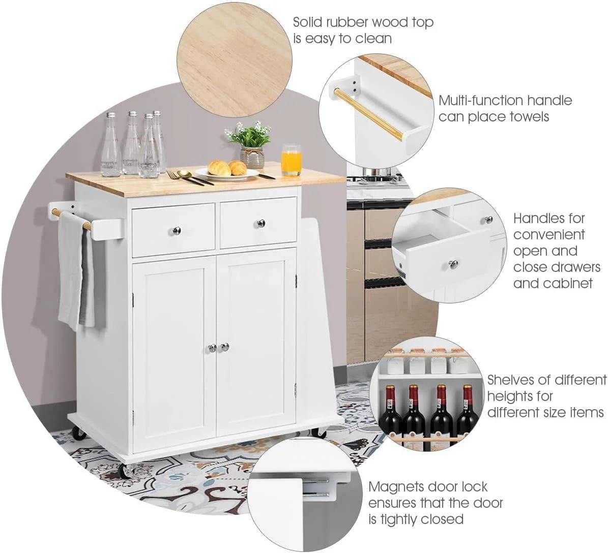 AUGESTER Kitchen Utility Cart, Multifunctional Wooden Trolley with Rollers, Kitchen Storage Trolley with Cabinet, Towel Rack, 2 Drawers