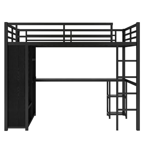 Queen Heavy Duty Metal Loft Bed with L-Shaped Desk, Wardrobe & 5 Storage Shelves – Space-Saving Design for Kids, Teens, Adults – CPC Certified
