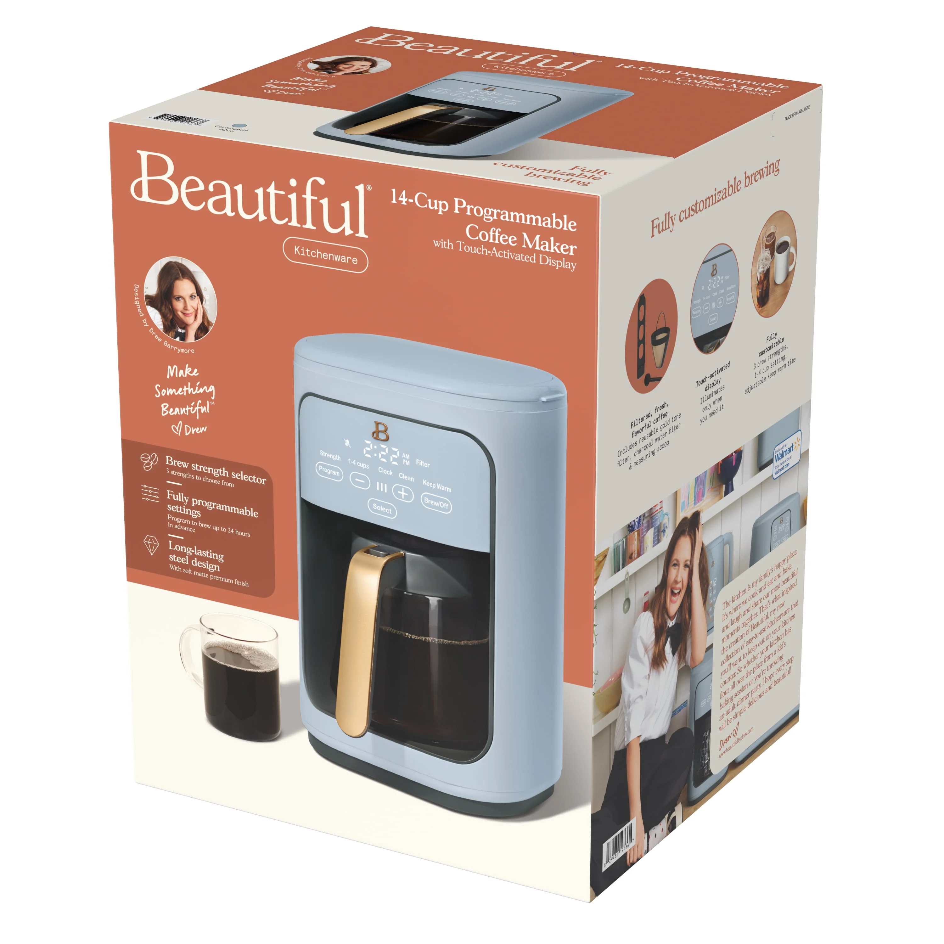 Beautiful 14-Cup Programmable Drip Coffee Maker with Touch-Activated Display, Rose by Drew Barrymore