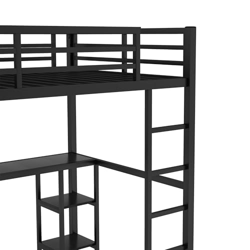 Bellamave Metal Loft Bed with Wardrobe and L-Shaped Desk, Full Size Loft Bed with Storage Cubes and Shelves, Heavy Duty LoftBed for Kids Teens Adults
