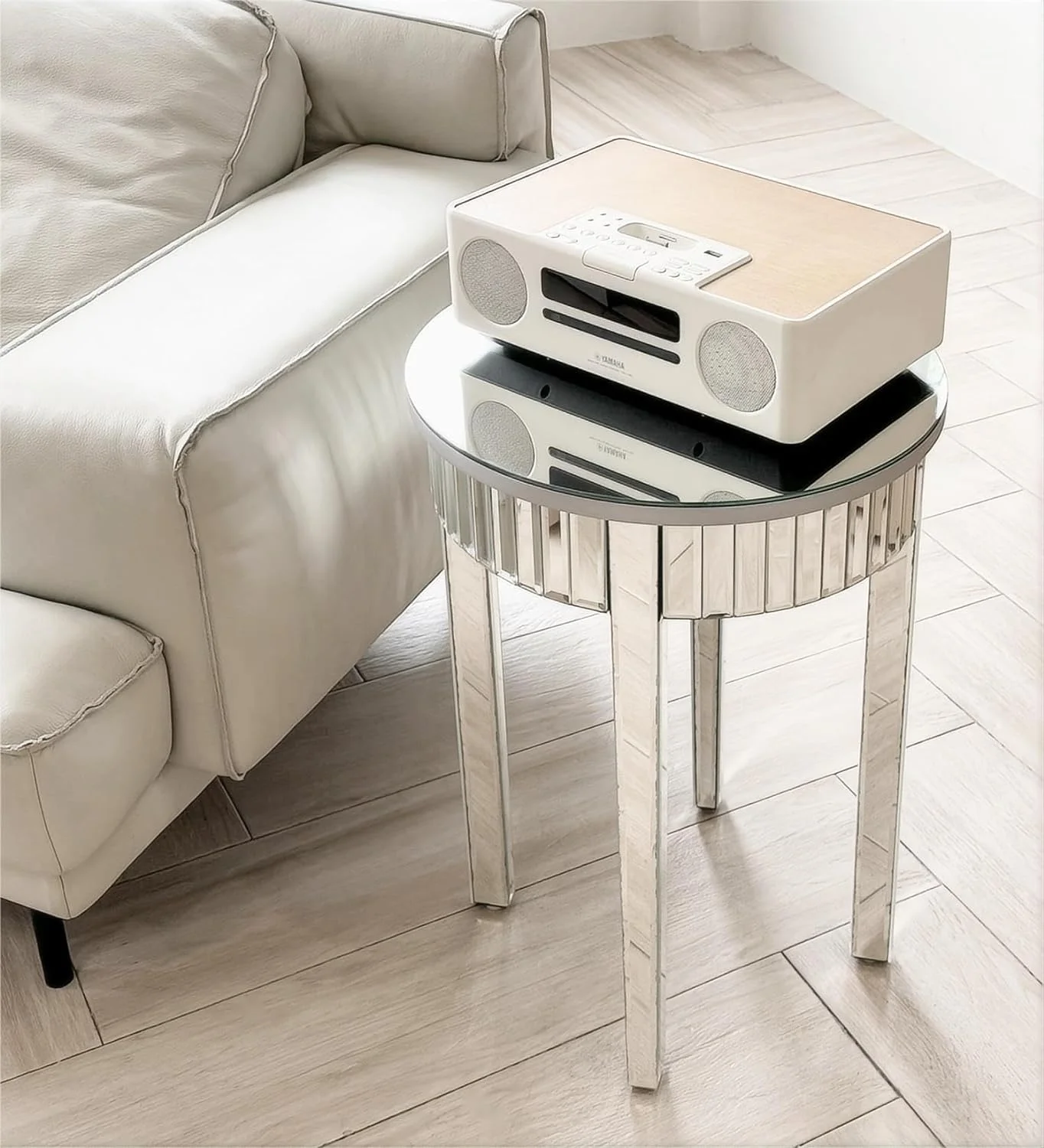NLIBOOMLife Round Mirrored End Table  17.7 inches Circle Sofa  with Beveled Glass Silver Mirror Edge  Tall Decorative Nightstand Modern Accent Desk
