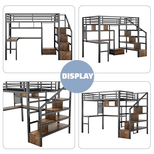 Queen Loft Bed with L-Shaped Desk and Stairs,Metal Queen Size LoftBed with Wardrobe and Adjustable Shelf, Gaming Bed with LED and USB