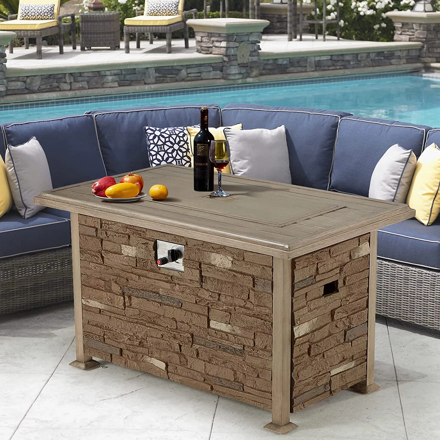Vicluke 44 inch Aluminum Propane Fire Pit Table with Faux Ledgestone, Hand-Painted Table Top, 50,000 BTU Gas Fire Table with CSA Certification