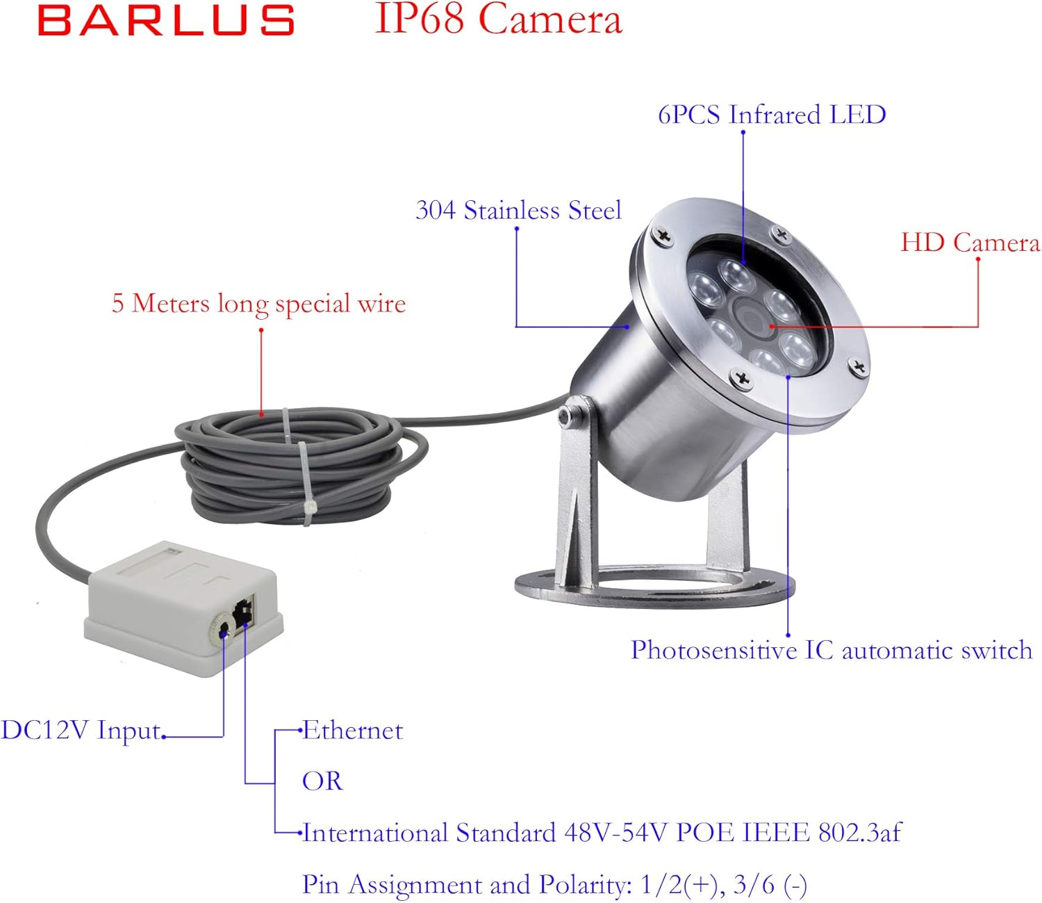 Barlus Underwater Koi Pond Camera 304 Stainless Steel IP68 1080P 2MP POE IP Camera