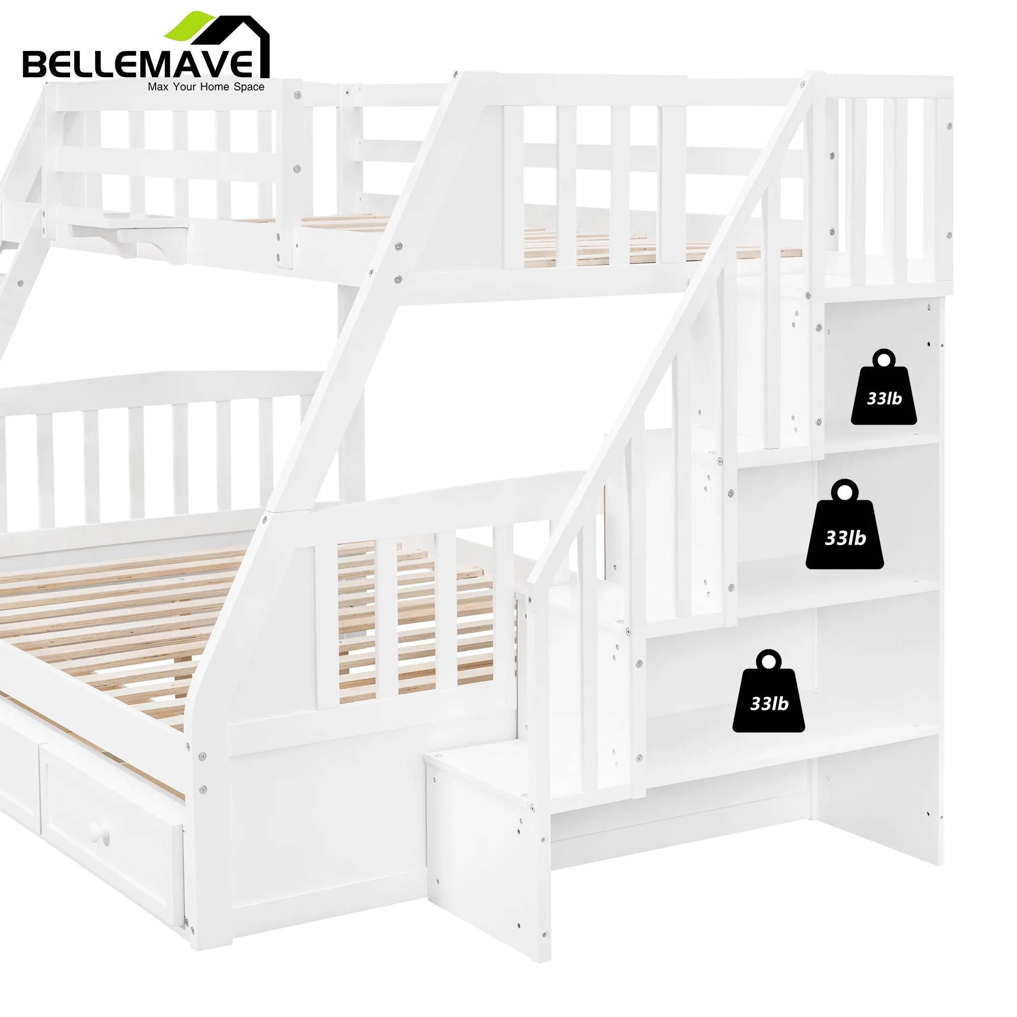 BELLEMAVE Twin over Full Bunk Bed with there drawer, bulid in ladder and storage stairs, Convertible into 2 beds
