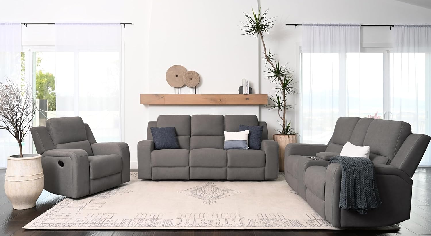 Abbyson Living Margaret 3PC Fabric Manual Reclining Sofa Collection, Charcoal Living Room Set