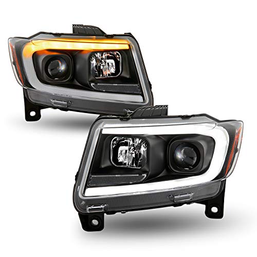 AKKON - Fits 2011 2012 2013 Jeep Grand cherokee [C Tube Bar] Sequential Turn Signal Projector Chrome Headlights Pair Left+Right