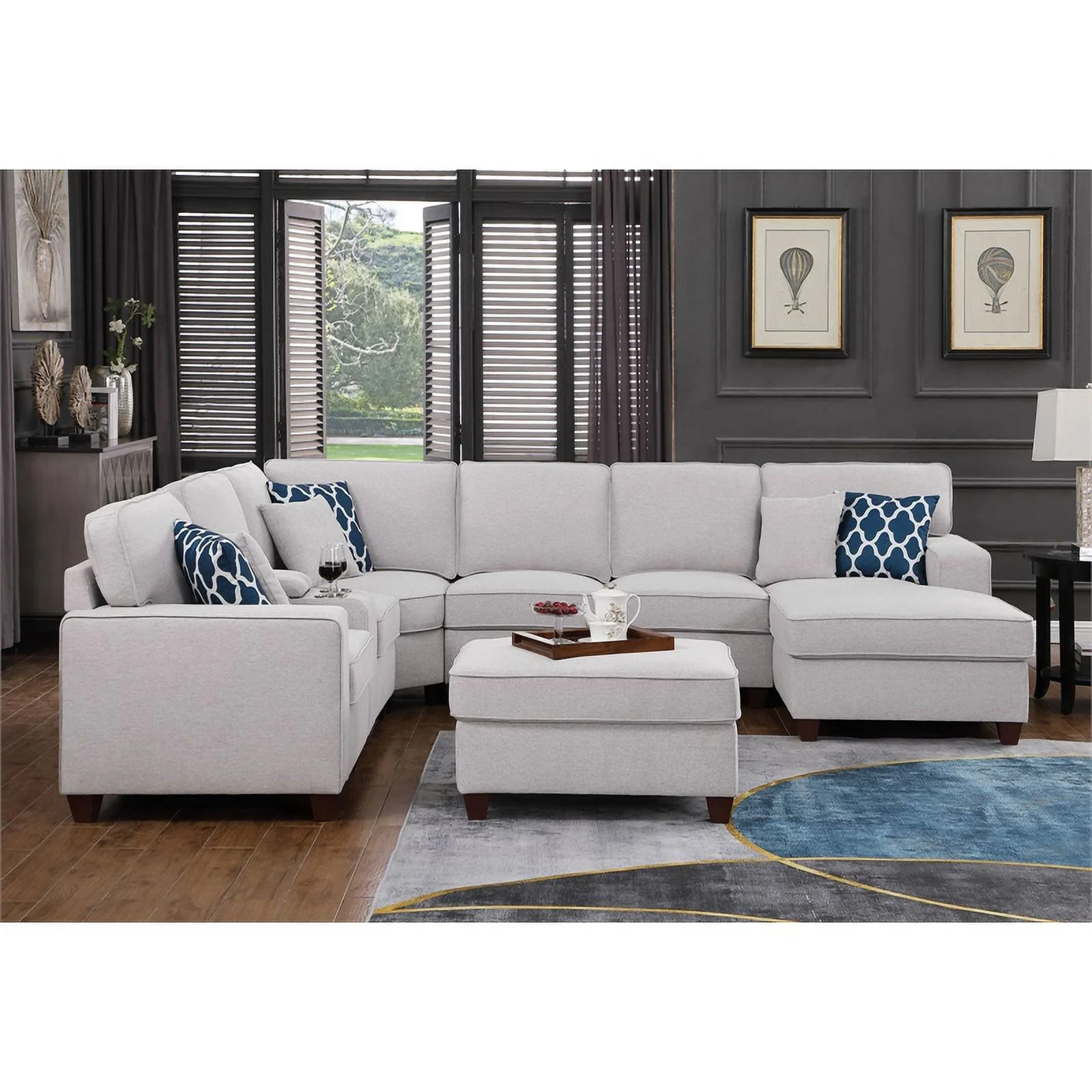 Pemberly Row 8-Piece Fabric Upholstered Sectional w/ Console & Chaise-Light Gray