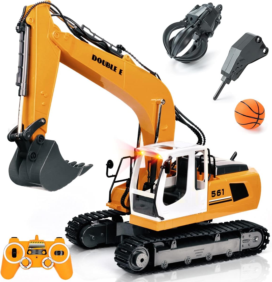 DOUBLE E Remote Control Truck RC Excavator Toy 17 Channel 3 in 1 Claw Drill Metal Shovel Real Hydraulic Electric RC Construction Vehicle with Working
