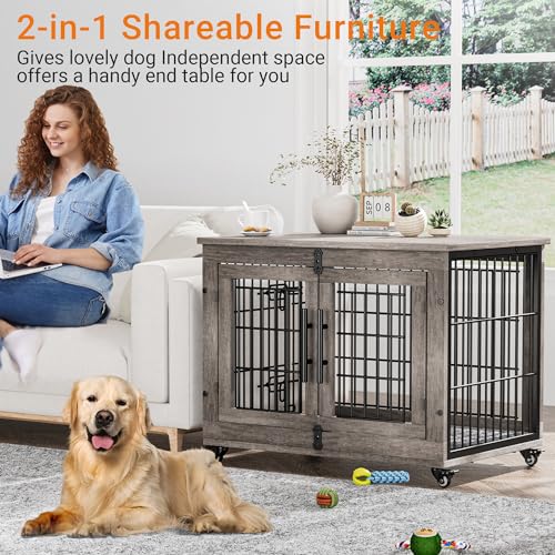 Lulive Dog Crate Furniture for Medium Dogs, 32'' Dog Kennel Indoor with Cushion & Wheels Wooden Dog Cage Double Doors Dog Crate End Table, Grey