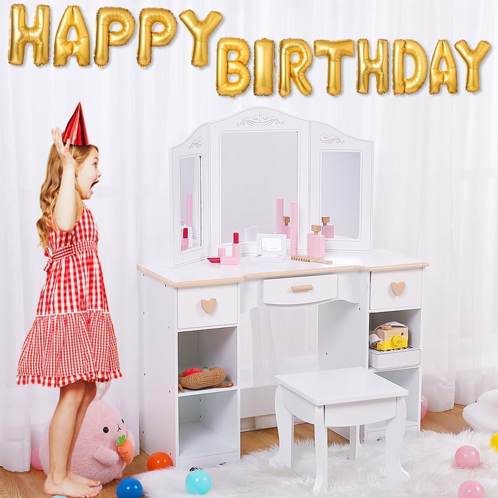 GAOMON Princess Vanity Set for Toddlers - Kids Vanity with Mirror, Stool, and Wood Makeup Playset, White