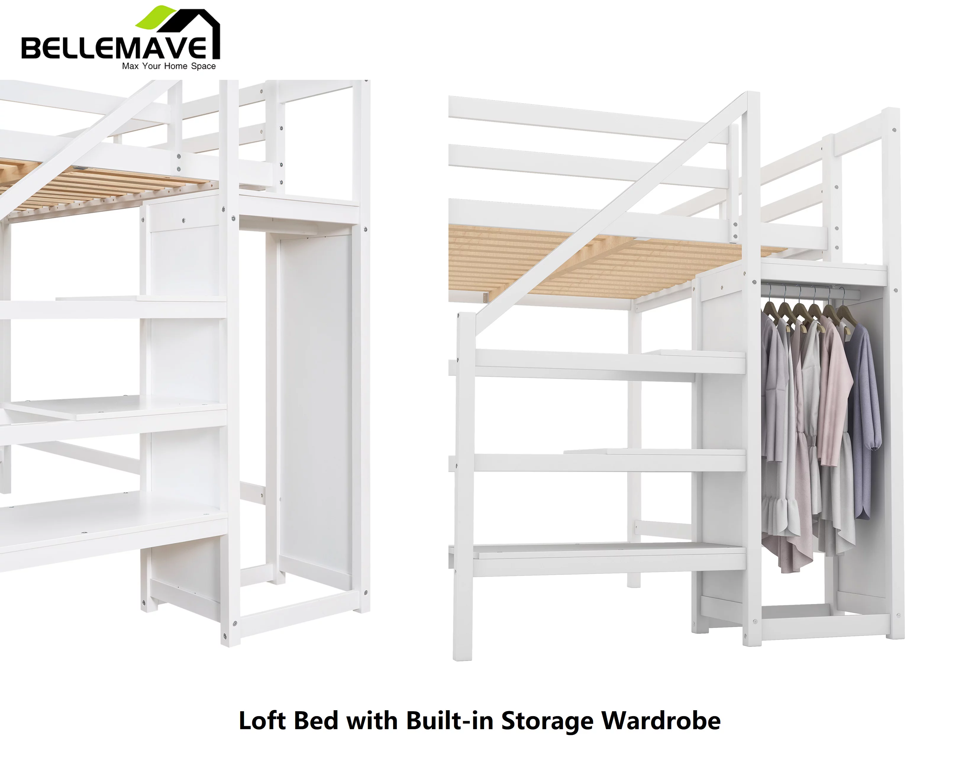 Bellemave Full Size Loft Bed with Storage Staircase Wooden Full Loft Bed Frame with Built-in Storage Wardrobe and Guardrails for Kids, Teens
