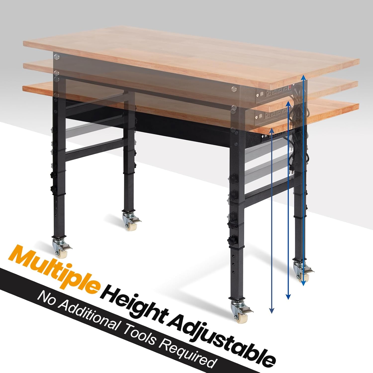 60" Adjustable Work Bench, Rubber Wood Top Workbench Heavy-Duty Work Table with Power Outlet with Wheels