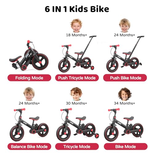 JMMD Toddler Bike with Push Handle for Kids 18-60 Months, 6 in 1 Foldable Push Bike with Training Wheels, Pedals, Brakes, Kickstand