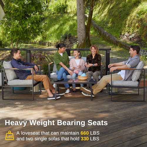 EAST OAK Courtyard Patio Furniture Set, 4-Piece Outdoor Patio Set with Sofa, Removable & Washable Deep Seating Cushion, Tempered Glass Table