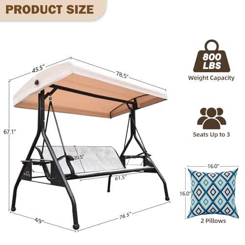 3 Person Patio Swing Outdoor Swing for Adults with Adjustable Canopy &Upgraded Cup Holders Textilene Fabric Porch Swing Chair with Stand Heavy Duty