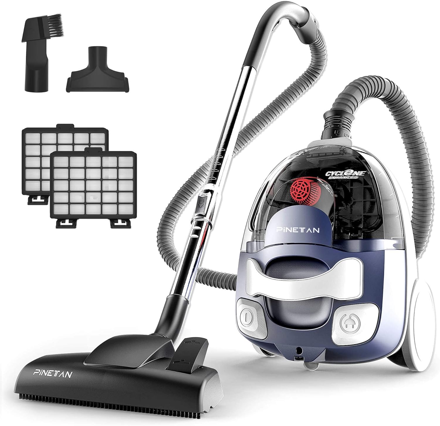 PINETAN Bagless Canister Vacuum Cleaner, with Double HEPA Filtration, Lightweight Design & Powerful Suction