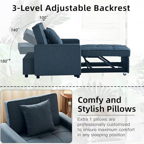 Sofa Bed Chair Convertible ，Sleeper Sofa with Pull-Out Bed ，3-in-1 Futon Couch with Reclining Backrest and Side Pocket (Blue, 35.6‘)
