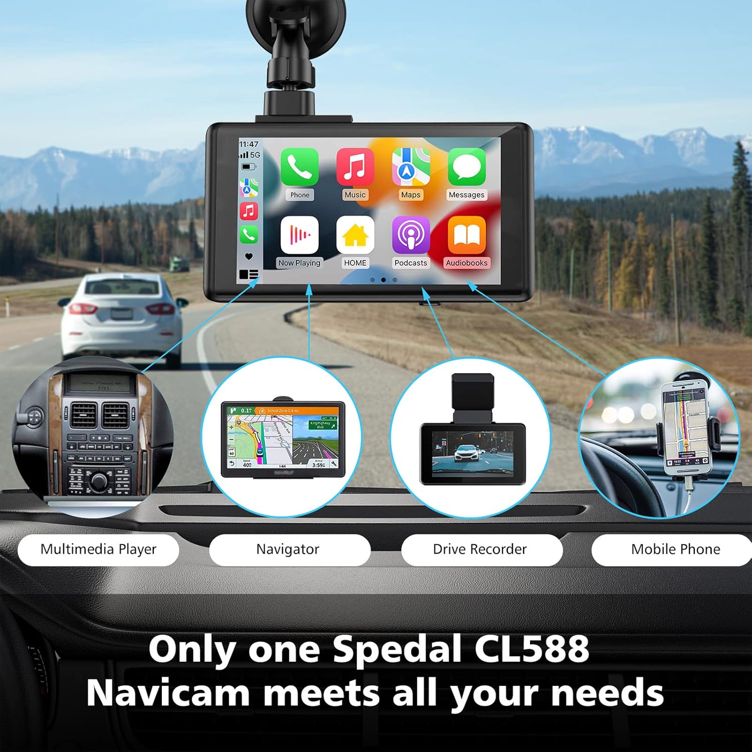 Spedal All-in-one NaviCam - Dash Cam with Navigation, Compatible with Wireless Carplay/Android Auto, FM Transmitter, 1080P Front and Rear Cameras