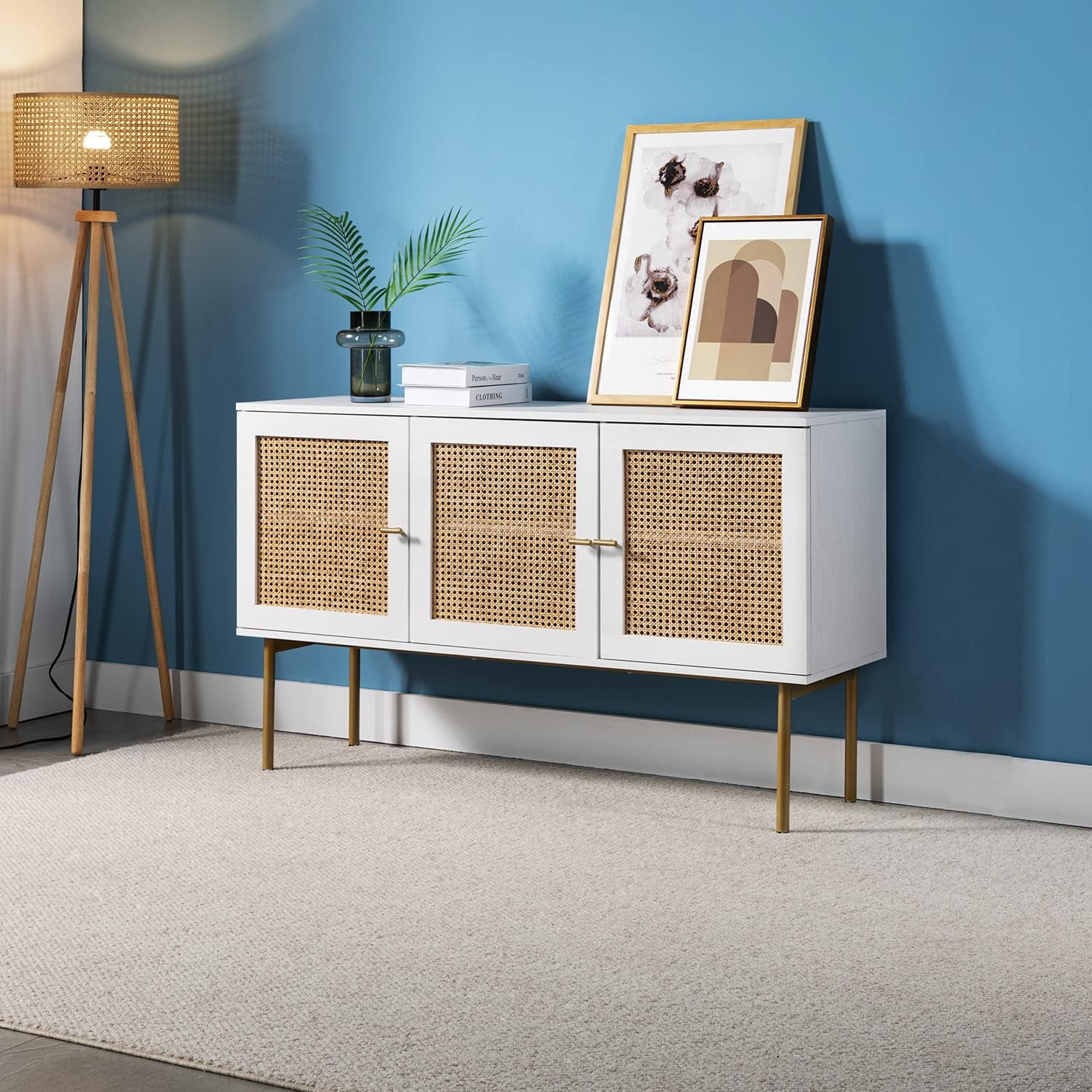 Sideboard Buffet Cabinet,Kitchen Accent Storage Cabinet With Adjustable Shelves & 3 Rattan Decor Doors