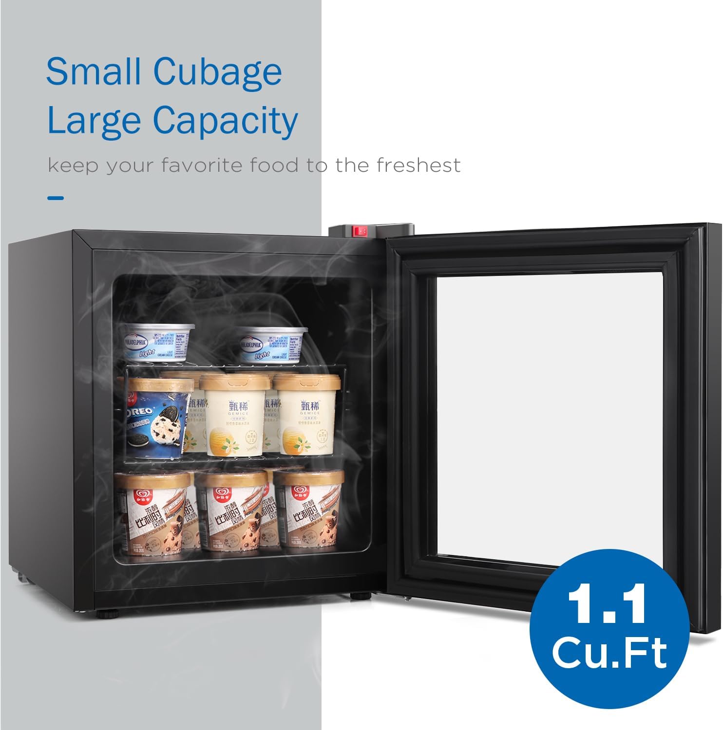 ADT Mini Freezer with Display Glass Door 1.1 Cu Ft Small Freezer with 2 Removable Shelves 7 Temperature Settings -8°F to 14°F Perfect for Liquor and