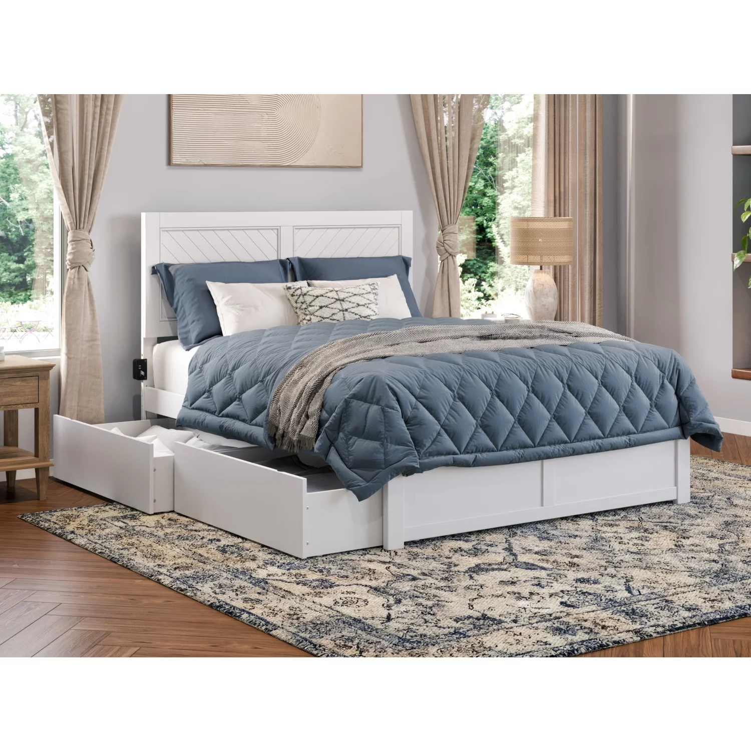 AFI Canyon Wood King Size Platform Bed with 2 Storage Drawers in White