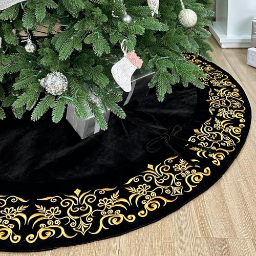 72-Inch Victorian Velvet Christmas Tree Skirt with Gold Damask Embroidery and Plush Lace Ties, Burgundy