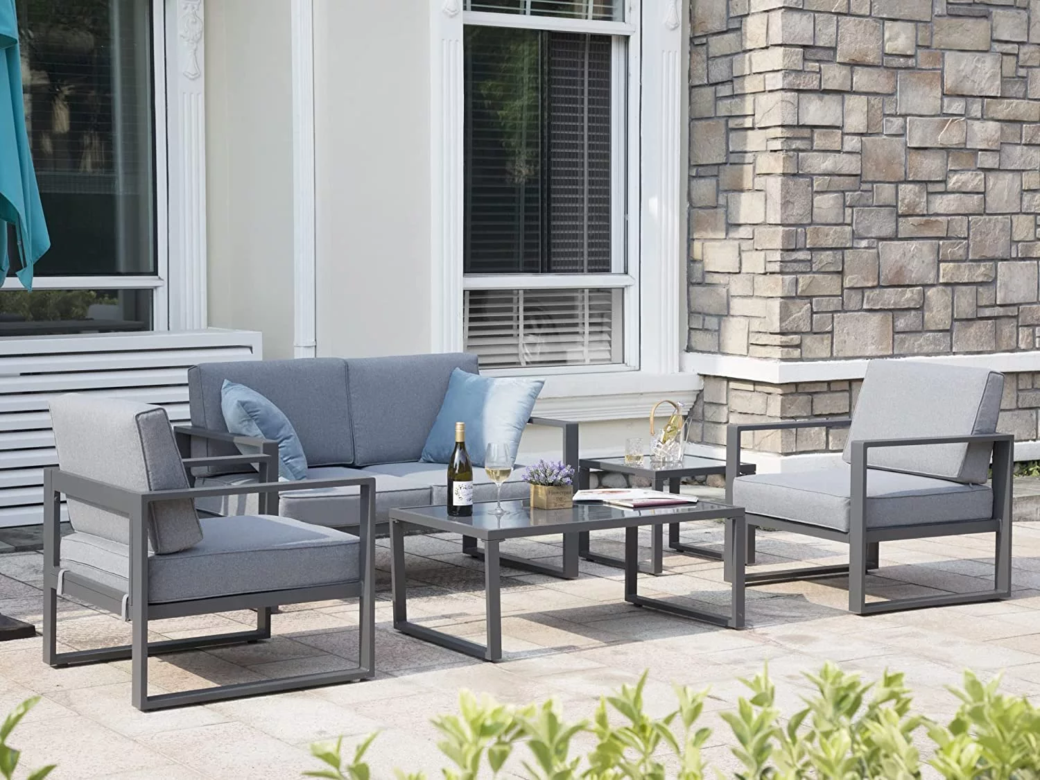 Superjoe 5 Pcs Aluminum Patio Furniture Set All Season Outdoor Couch Conversation Set Modern Metal Sectional Sofa with Ottomans 2 Tables, Gray