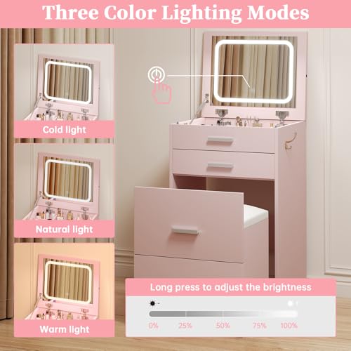 Compact Vanity with 3 Drawers, 3 in 1 Vanity Desk, Makeup Desk with Flip-up 3 Colors Lighting Mirror and Cushioned Stool