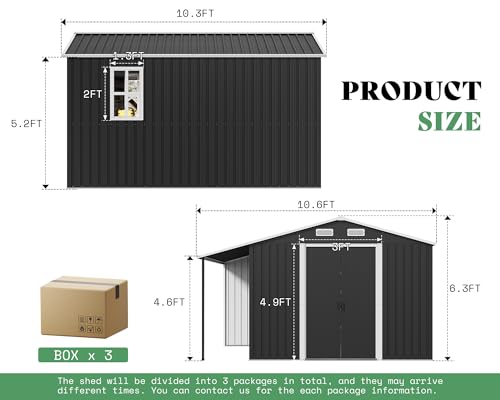 Jocisland 10.6x10.3x6.3 FT Outdoor Storage Shed with Sliding Doors & Two 4-Pane Windows, Open Outdoor Shed for Wood Storage, Dark Grey/White