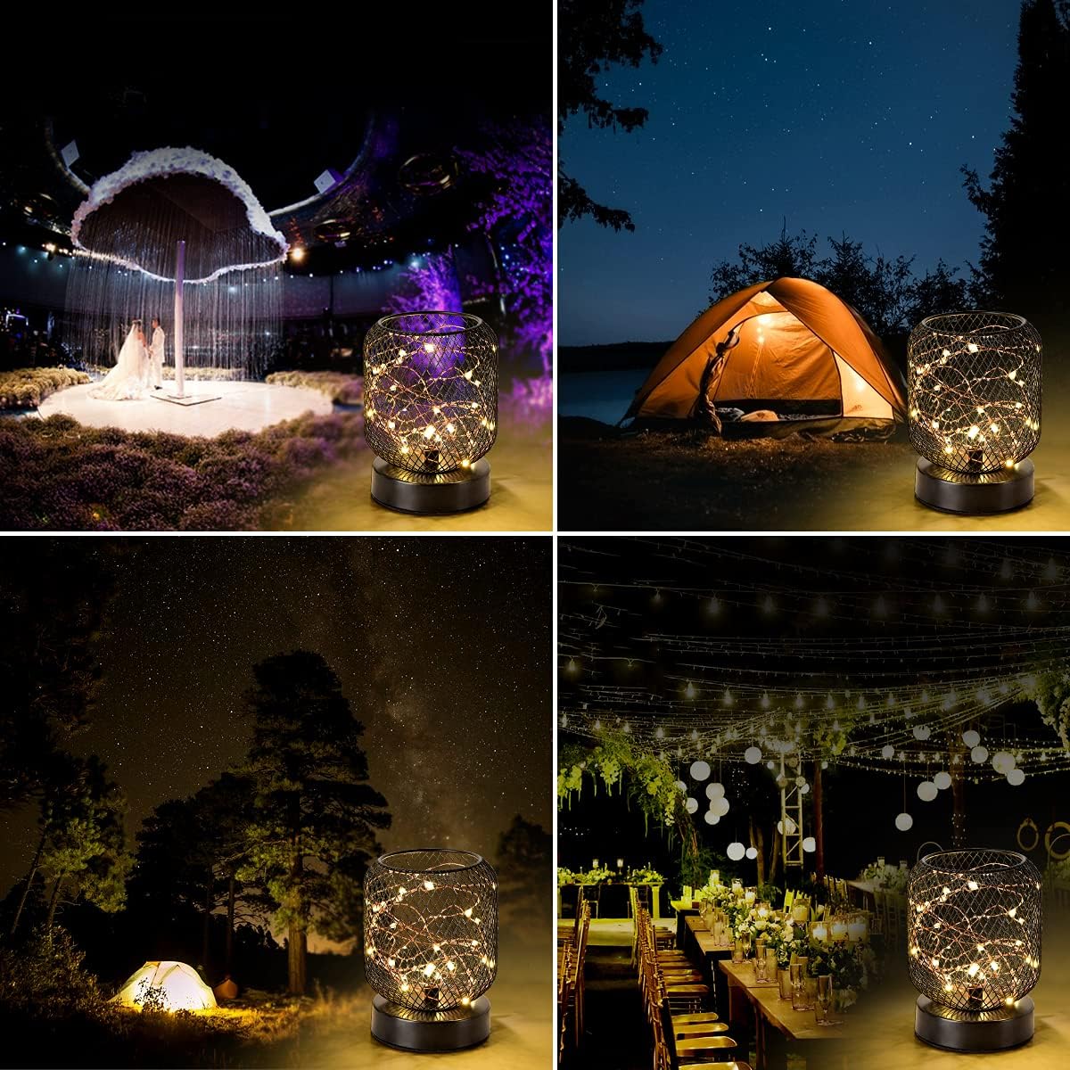 WGJEKI Cage Desk Lamp Starry Sky Led Lights String Iron Mesh Retro Lamp Used in Bedroom Living Room Kid's Room Birthday Party Wedding AC with Black