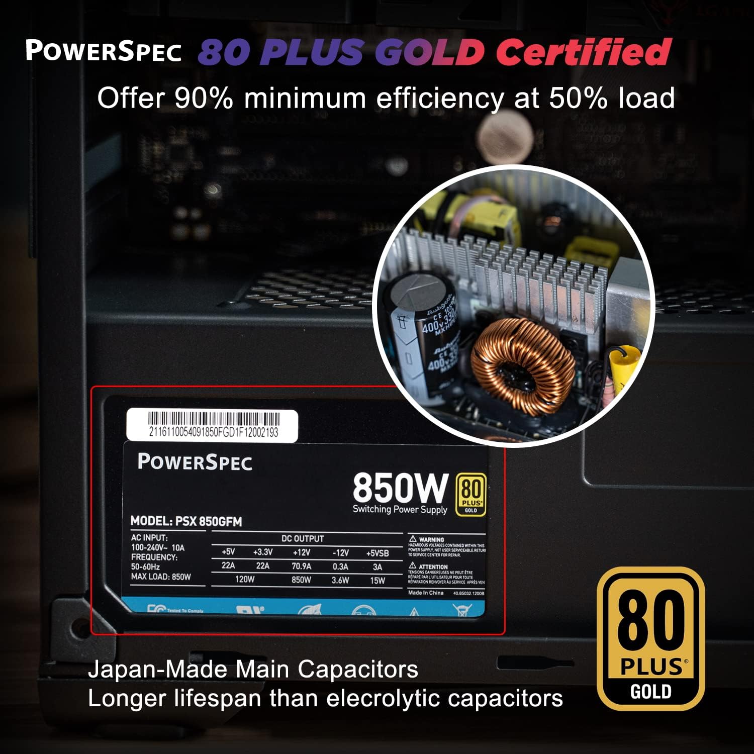 PowerSpec 650W Power Supply 80 Plus Bronze Certified Fixed Cable Non-Modular ATX PSU Active PFC SLI Crossfire Ready Gaming PC Computer Switching