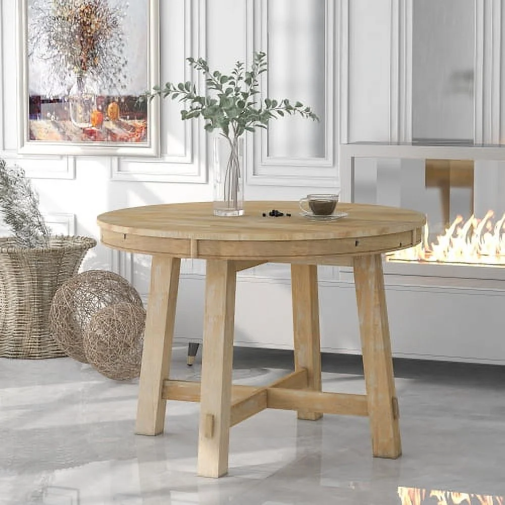 Extendable Dining Table, Farmhouse Round Dinner Desk with 16" Leaf for Kitchen, Living Room