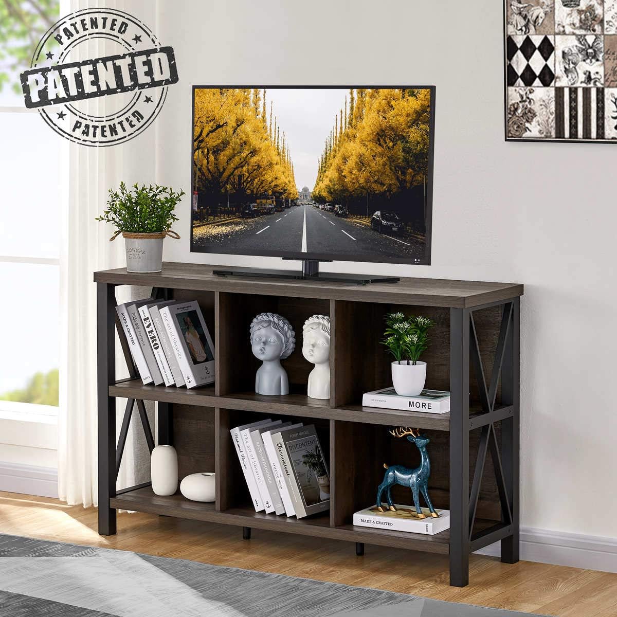 FATORRI Rustic 6 Cube Storage Organizer with Shelf, Wood and Metal Cubby Bookcase, Industrial Horizontal Bookshelf (Walnut Brown, 47 Inch)