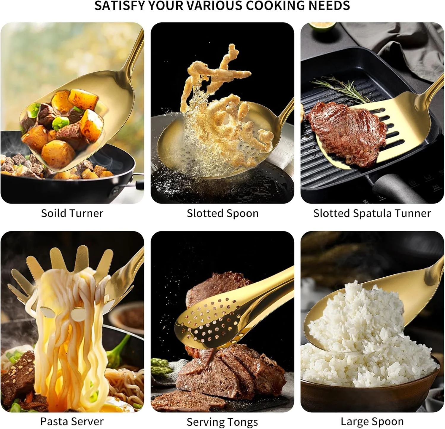 304 Stainless Steel Cooking Utensils,6 Pcs Kitchen Cooking Utensils Set with Spatula, Solid Spoon, Ladle, Skimmer, Spaghetti Spoon